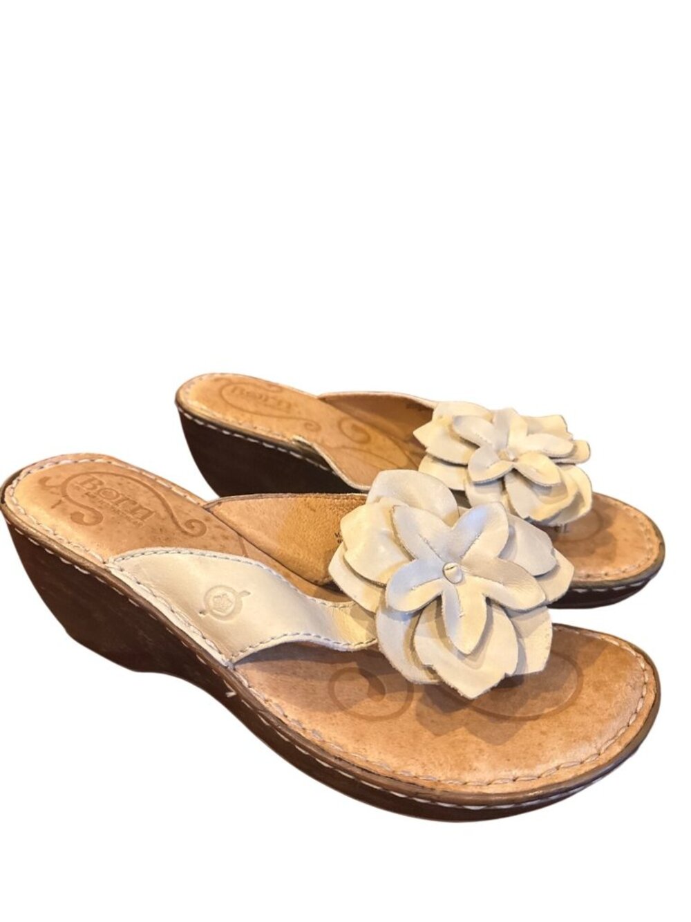 Born Radiance Sandals Women 9 Ivory Leather Flower Wedge Slides Comfort Boho Box